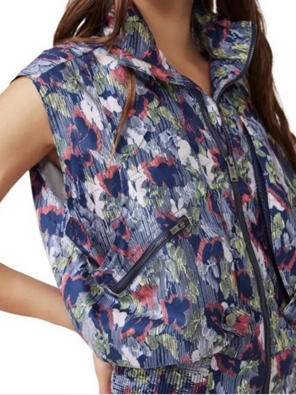 Free People Floral Quilted Zip Front Vest - Navy, Coral & Olive